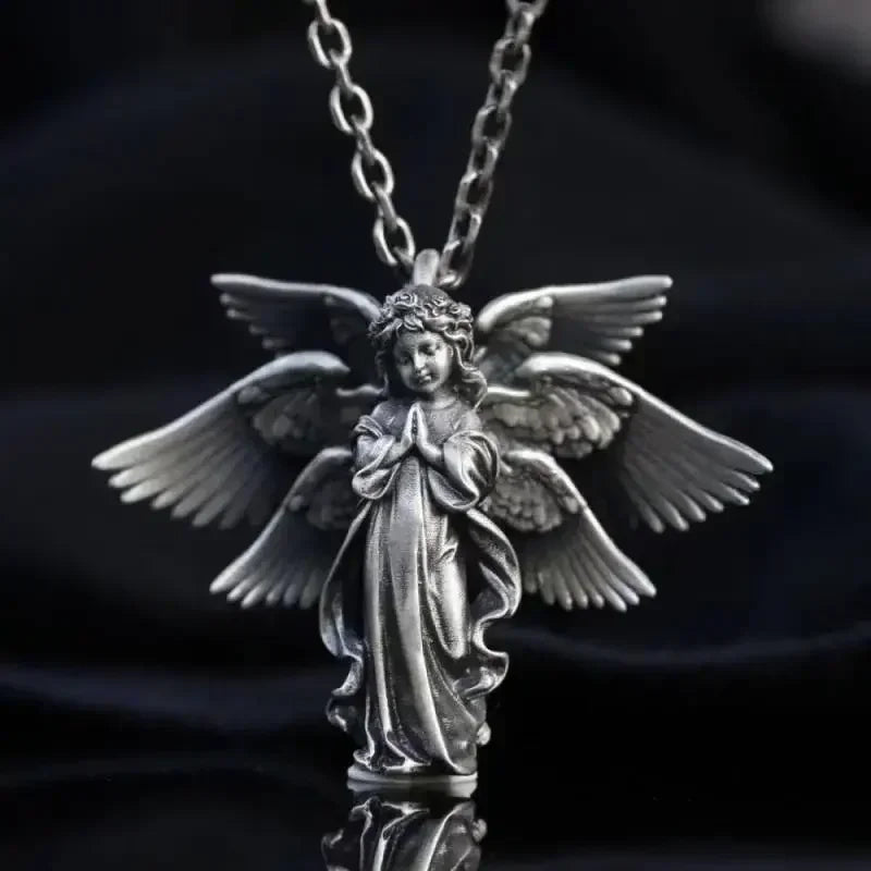 Delicate Antique Silver Color Seraph Prayer Good Luck Necklace Pendant Men Women Anniversary Amulet Jewelry Gift