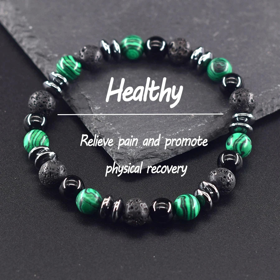 Classic Black Natural Labradorite Volcanic Stone Round Bead Bracelet Health Protection Wealth Luck Accessory Men 팔찌