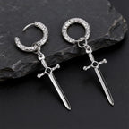 Vnox Stainless Steel Black Onyx Sword Huggie Hoop Earrings Punk Rock Dangle Earring for Men Women Couples Trendy Gothic