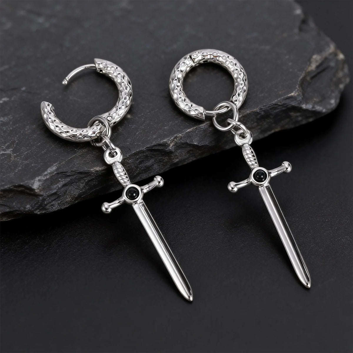 Vnox Stainless Steel Black Onyx Sword Huggie Hoop Earrings Punk Rock Dangle Earring for Men Women Couples Trendy Gothic