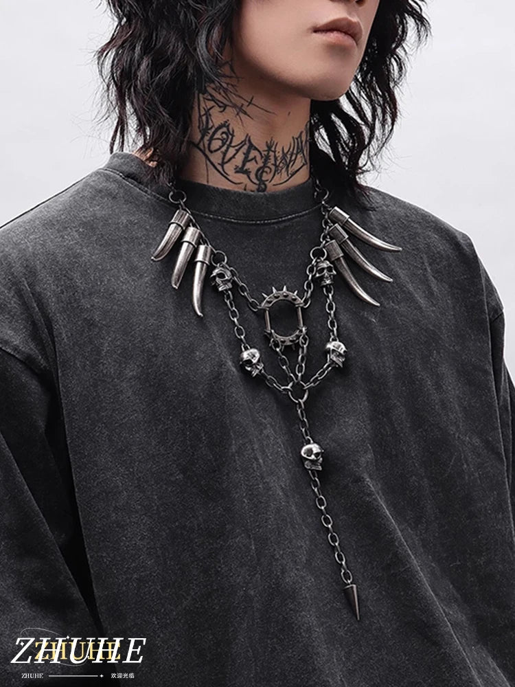 Studded Skull Pendant Necklace — Stainless Steel