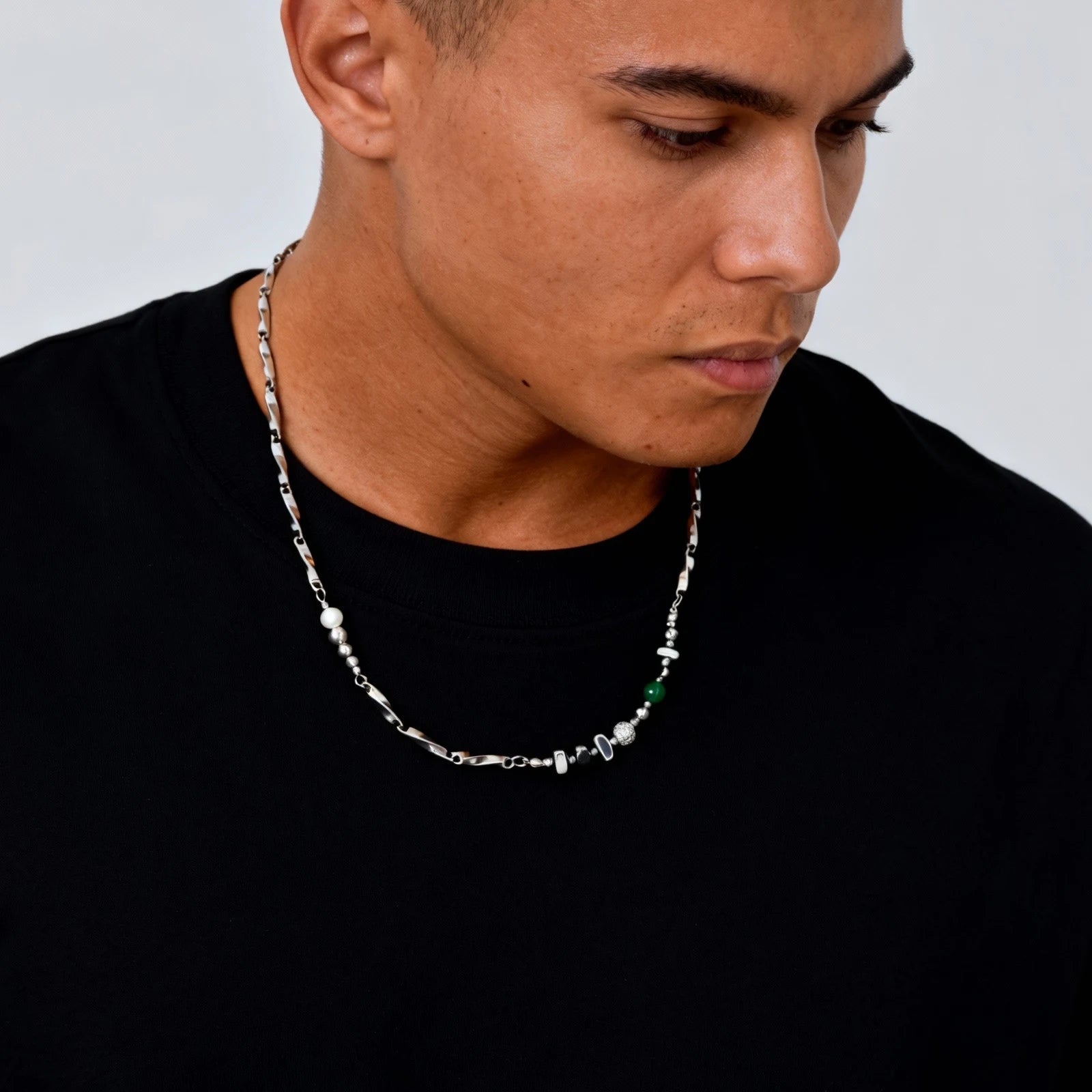 Green Stone Bead Chain Necklace — Stainless Steel