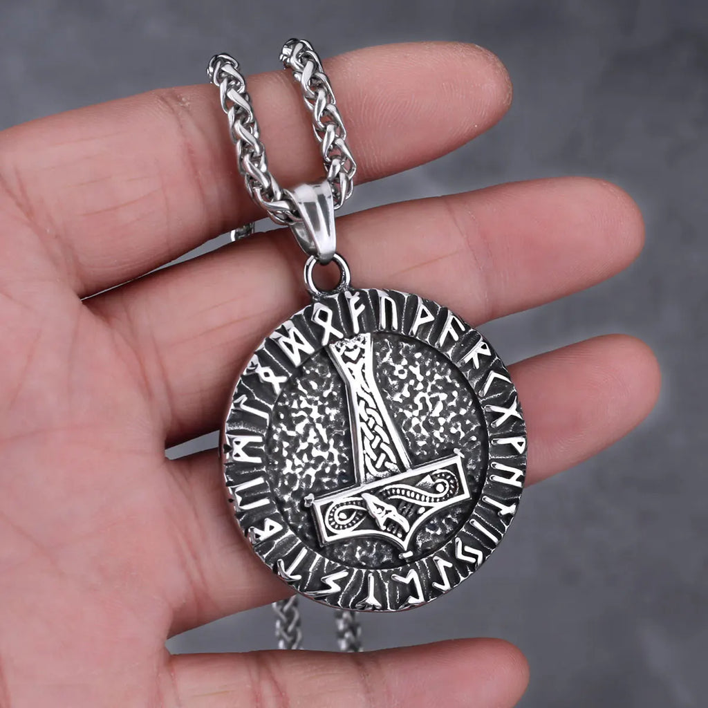 Viking Thor's Hammer Round Pendant Necklace — Stainless Steel