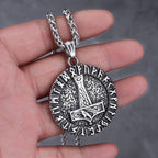Viking Thor's Hammer Round Pendant Necklace — Stainless Steel