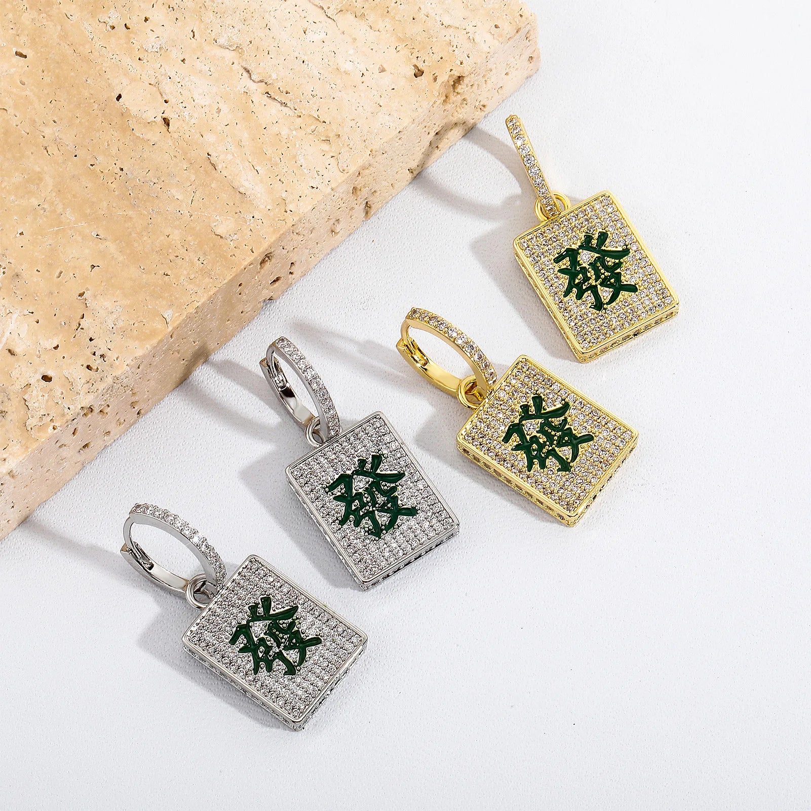 Iced Out Mahjong Dangle Earrings CZ
