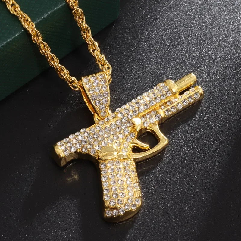Fine Rifle Pistol Desert Eagle Pendant Luxury Gold Plated Full Ice Crystal Zirconia Necklace Gift for Men and Women