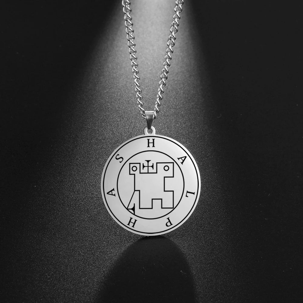 LIKGREAT Stainless Steel Lesser Key of King Solomon Occult Sigil 72 Demon Medalion Necklace for Men Women Pagan