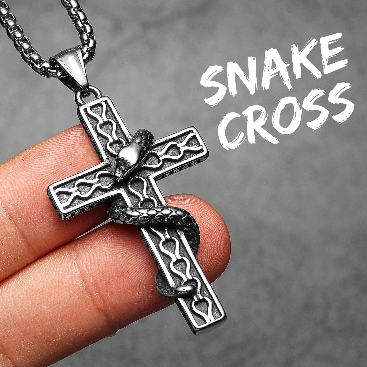 Snake Cross Pendant Necklace — Stainless Steel