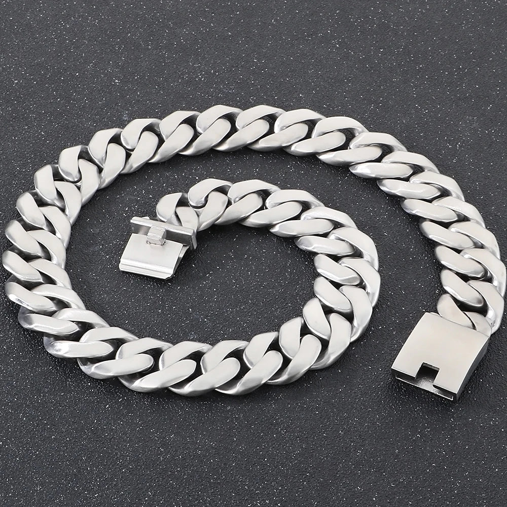 Men's 60CM Long 24MM Width Brushed Solid Stainless Steel Curb Cuban Link Chain Necklace for Men Male On Neck Jewelry