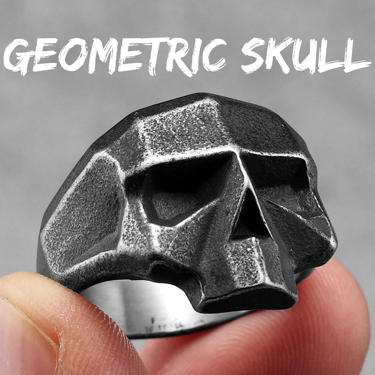 Geometric Cut Skull Ring — Stainless Steel