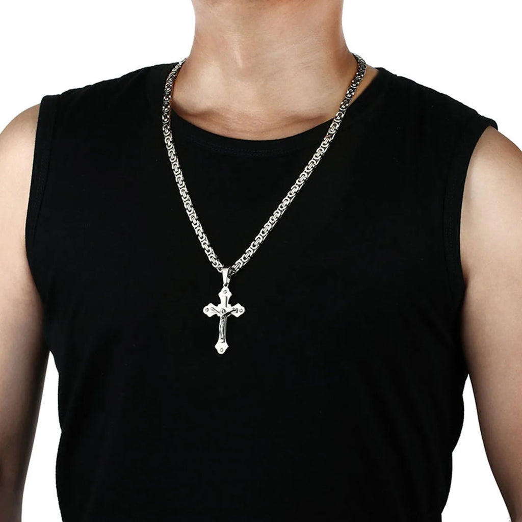 Crystal Crucifix Jesus Byzantine Chain Necklace — Stainless Steel