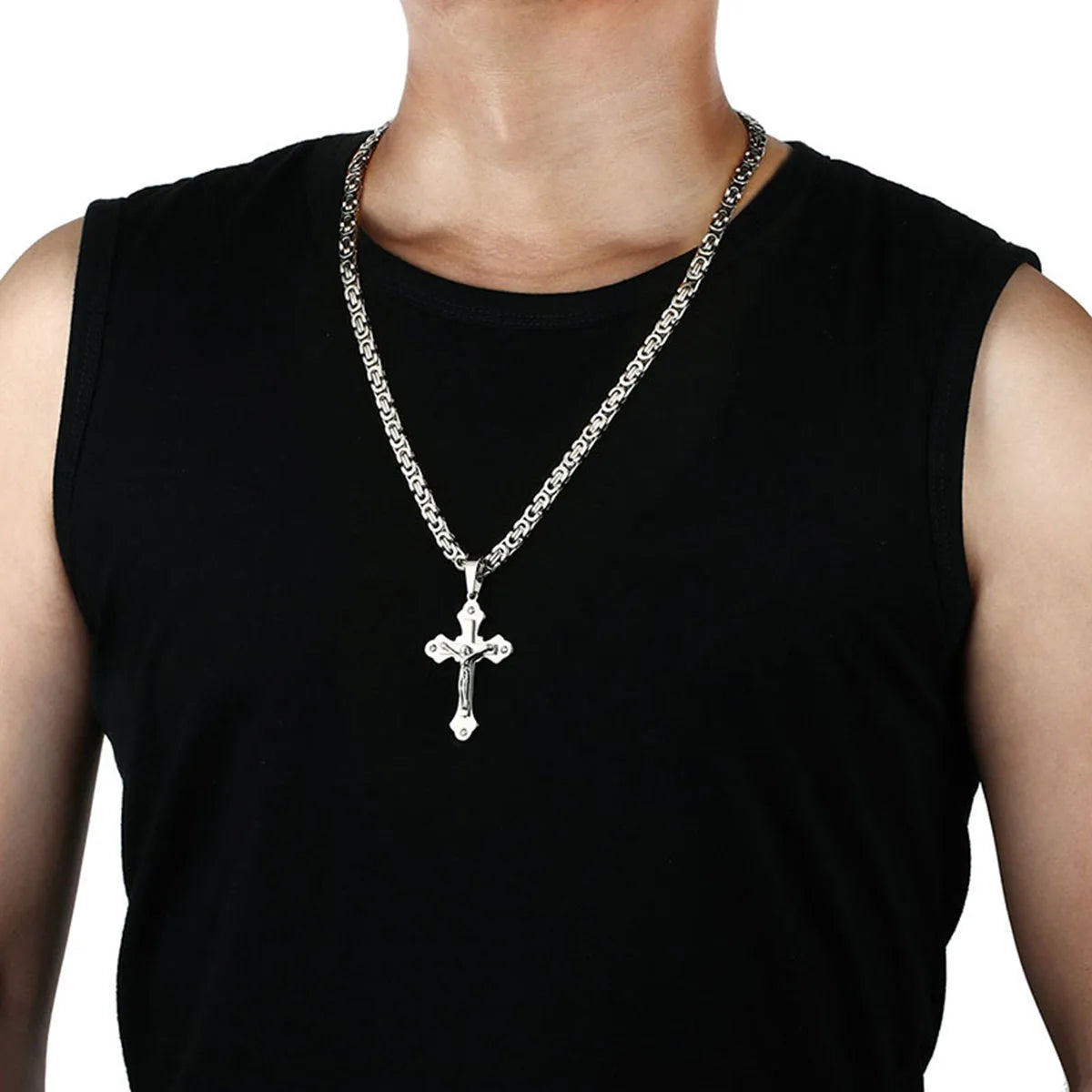 Crystal Crucifix Jesus Byzantine Chain Necklace — Stainless Steel