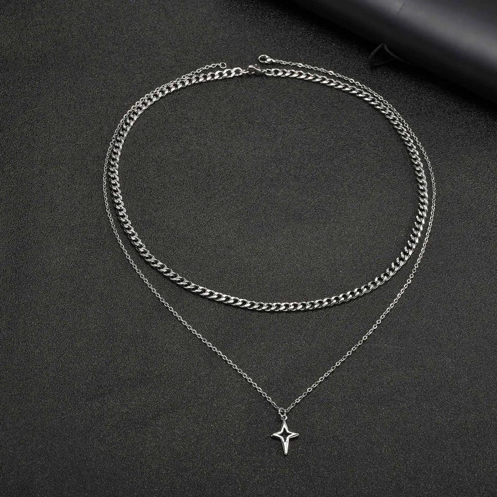 Vnox 2pcs/set Link Chain Chokers Four-point Star Pendant O-Chain Necklace Set for Men, Stainless Steel Silver Color Jewelry Gift