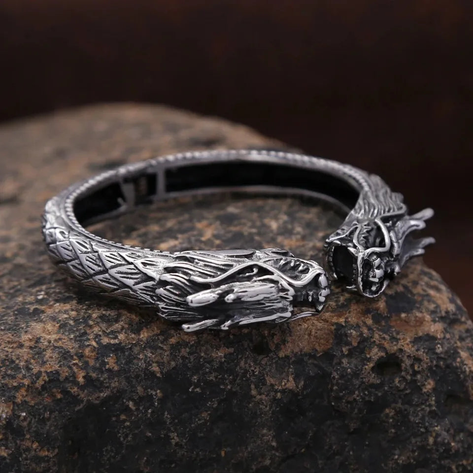 New Vintage Double Dragon Head Bracelets For Men Punk Hip Hop Biker 316L Stainless Steel Vikings Animal Bracelet Amulet