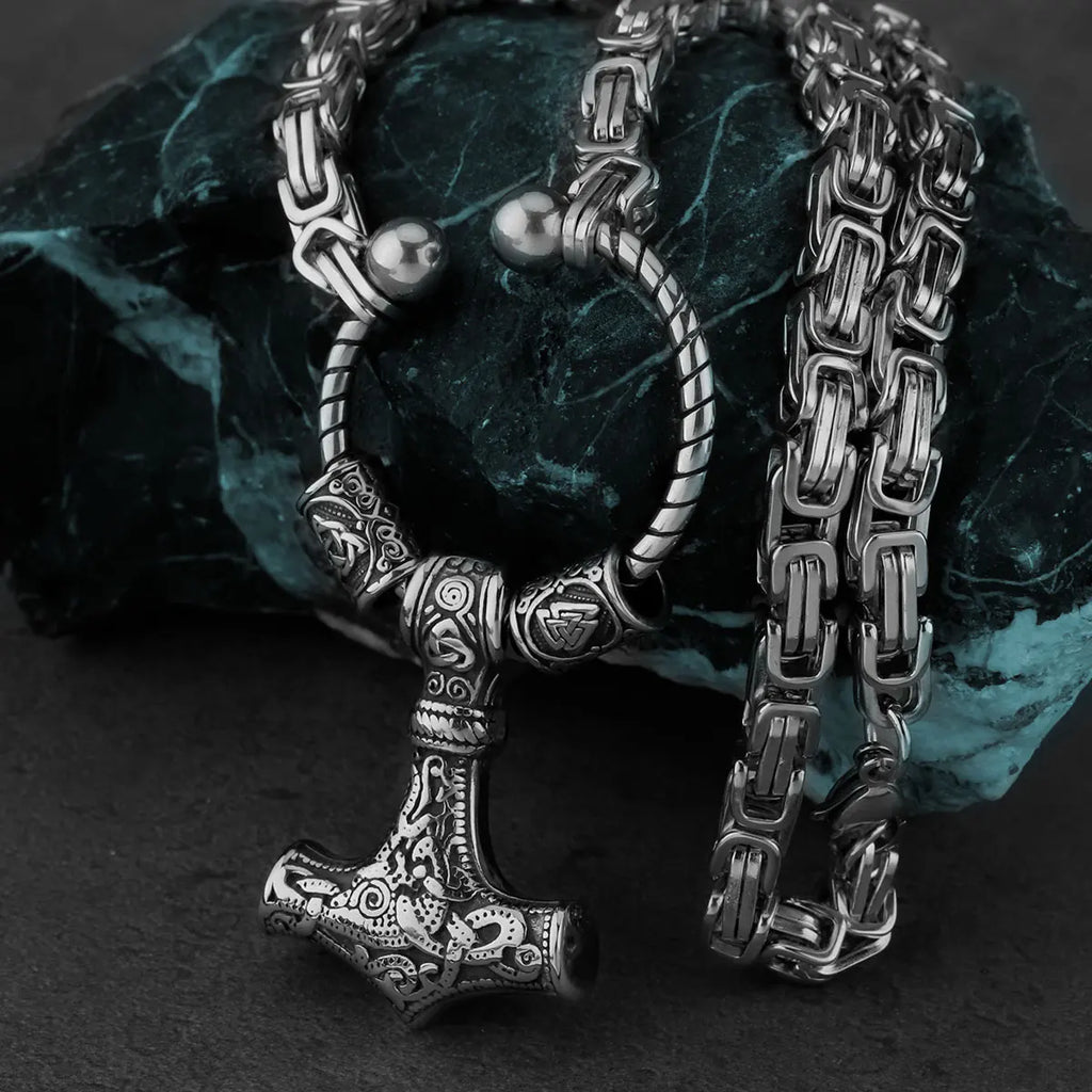 Popular Stainless Steel Thor's Hammer Set Pendant Necklace Nordic Viking Men's Birthday Gift Jewelry Accessories