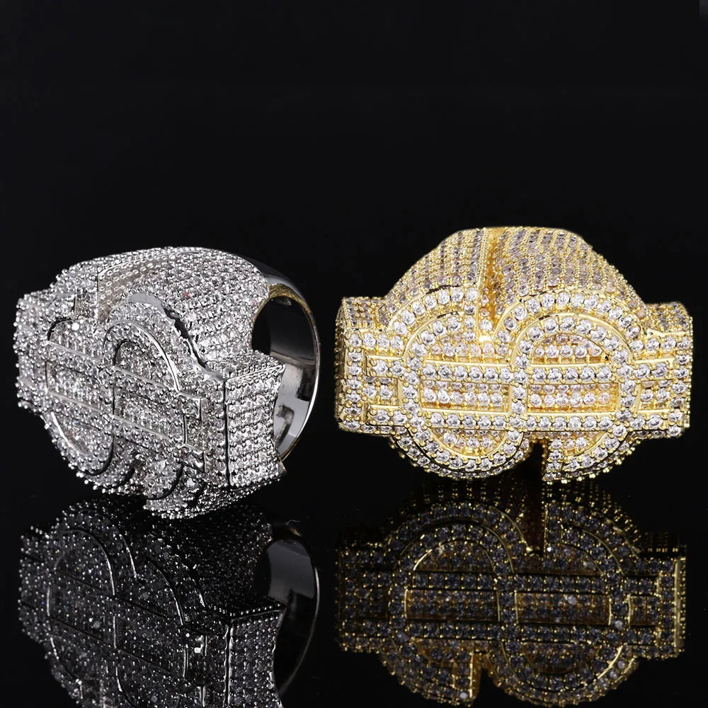 Gold Iced Out Money Sign Ring Statement