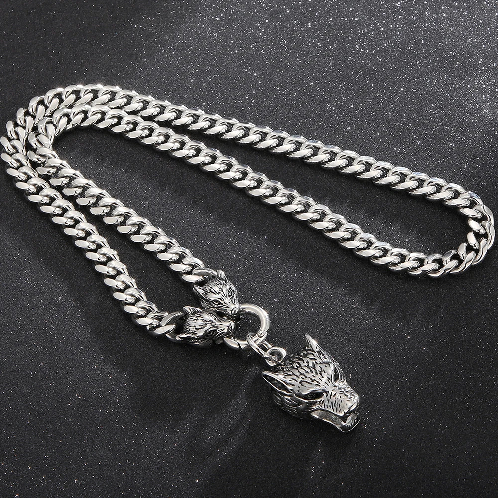Curb Link Chain Men's Neck Necklaces for Man Gold Color Stainless Steel Wolf Head Man Pendant Necklace 65CM Long Viking