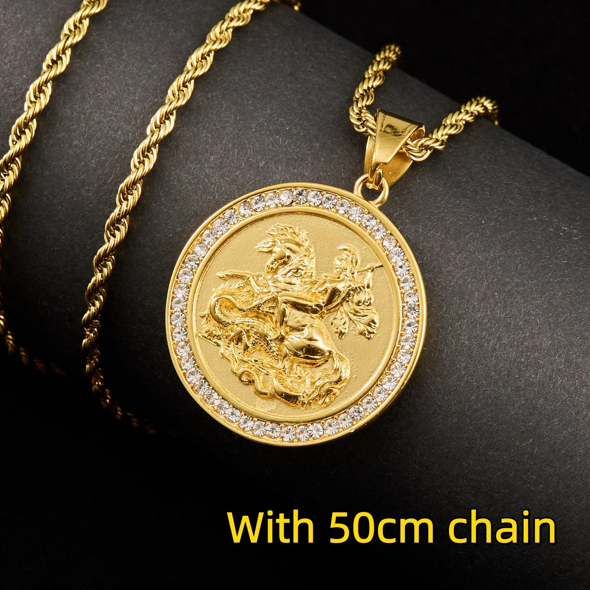 1pc Saint Michael Gold color round pendant with rhinestone For Men Women HIP hop Punk 316L Stainless Steel Knight Jewelry Gifts