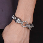 Gothic Double Wolf Heads On Hand Bands Bracelet For Men Stainless Steel Viking Jewelry Men's Bracelets With Spring Ring