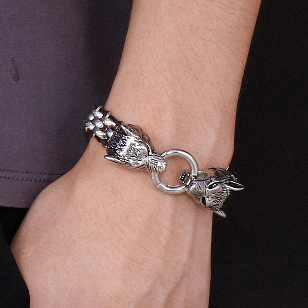 Gothic Double Wolf Heads On Hand Bands Bracelet For Men Stainless Steel Viking Jewelry Men's Bracelets With Spring Ring