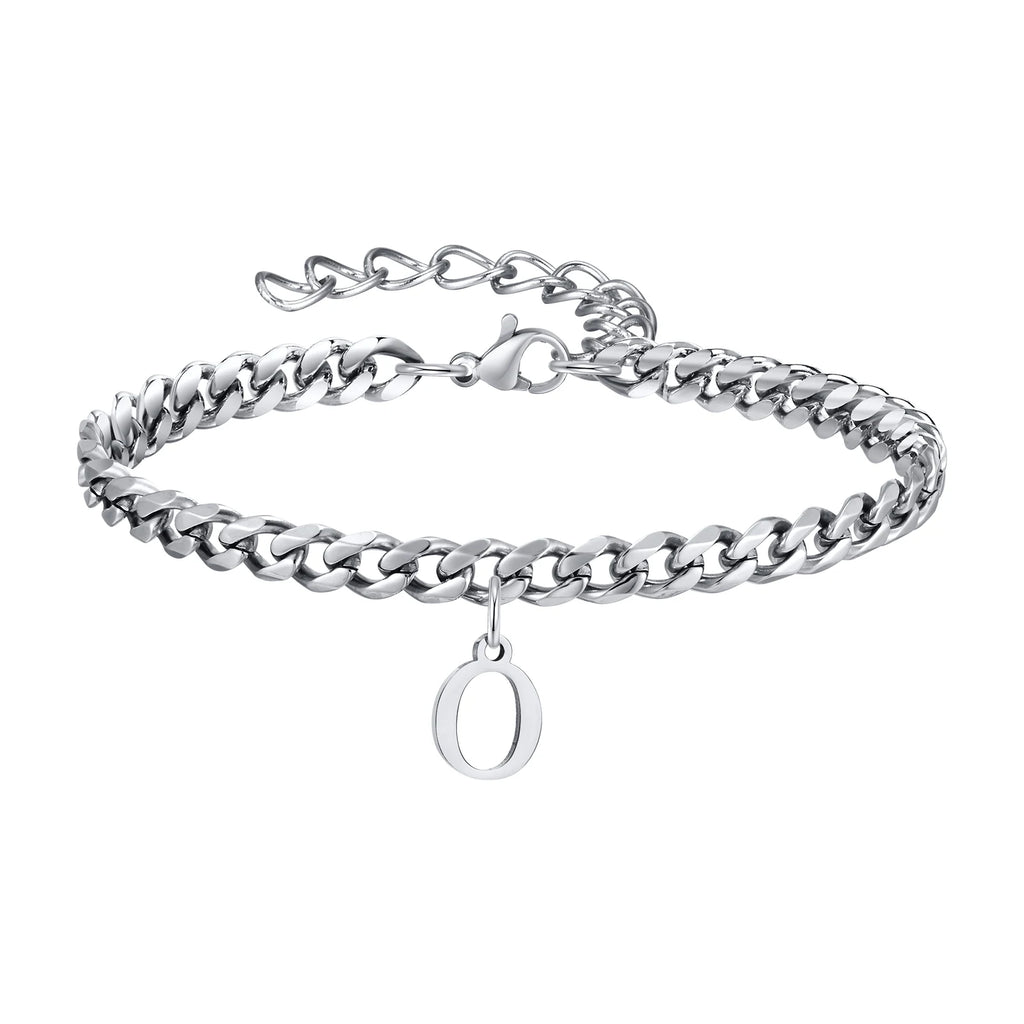Vnox A-Z Initial Bracelets for Men Women, Never Fade Silver Color Stainless Steel Cuban Chain Bracelet with 26 Letter