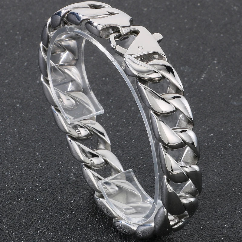 Vintage Black Stainless Steel Bracelet for Man Men's 15MM Wide Curb Link Chain Bracelets Bangles Armband Jewelry