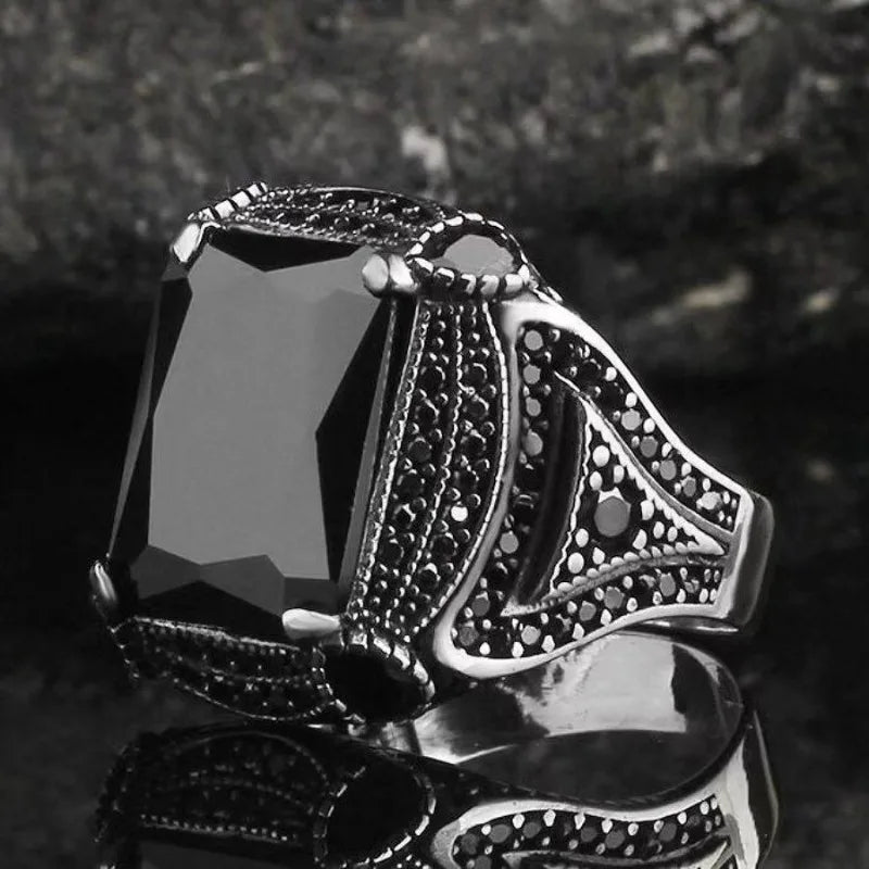 Vintage Black Stone Four-Prong Ring for Men — Two-Tone
