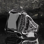 Vintage Black Stone Four-Prong Ring for Men — Two-Tone