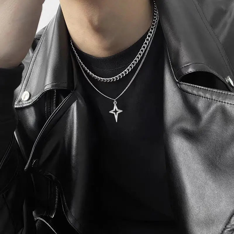Personalized Punk Cross Star Chain Double Layer Necklace For Men Women Y2K Fashion Trend Rock Party Grunge EMO