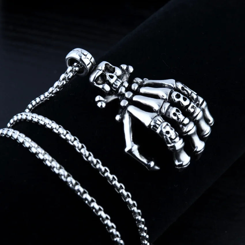 Silver Skull Hand Pendant Necklace Stainless Steel