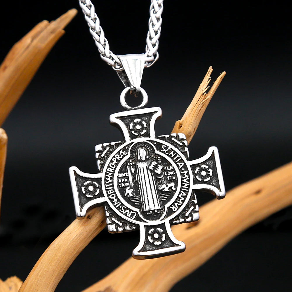 Fashion Retro Christ Jesus Necklace Stainless Steel Rune Cross Pendant For Men Women Punk Amulet Jewelry Gift