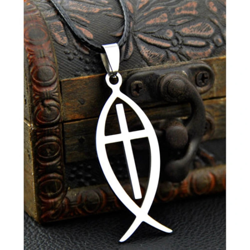 Jesus Cross Fish Pendant Necklace — Stainless Steel