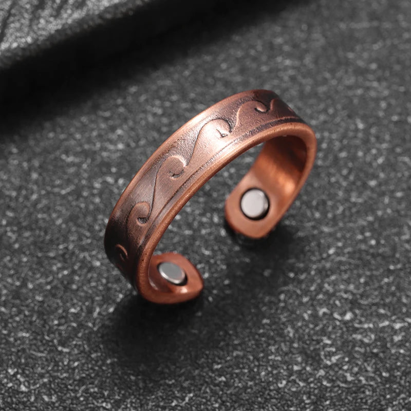 Flower Shape Magnetic Ring Copper Adjustable Open Cuff Ring Men and Women Magnet Healthy Energy Ring for Arthritis Pain Relief