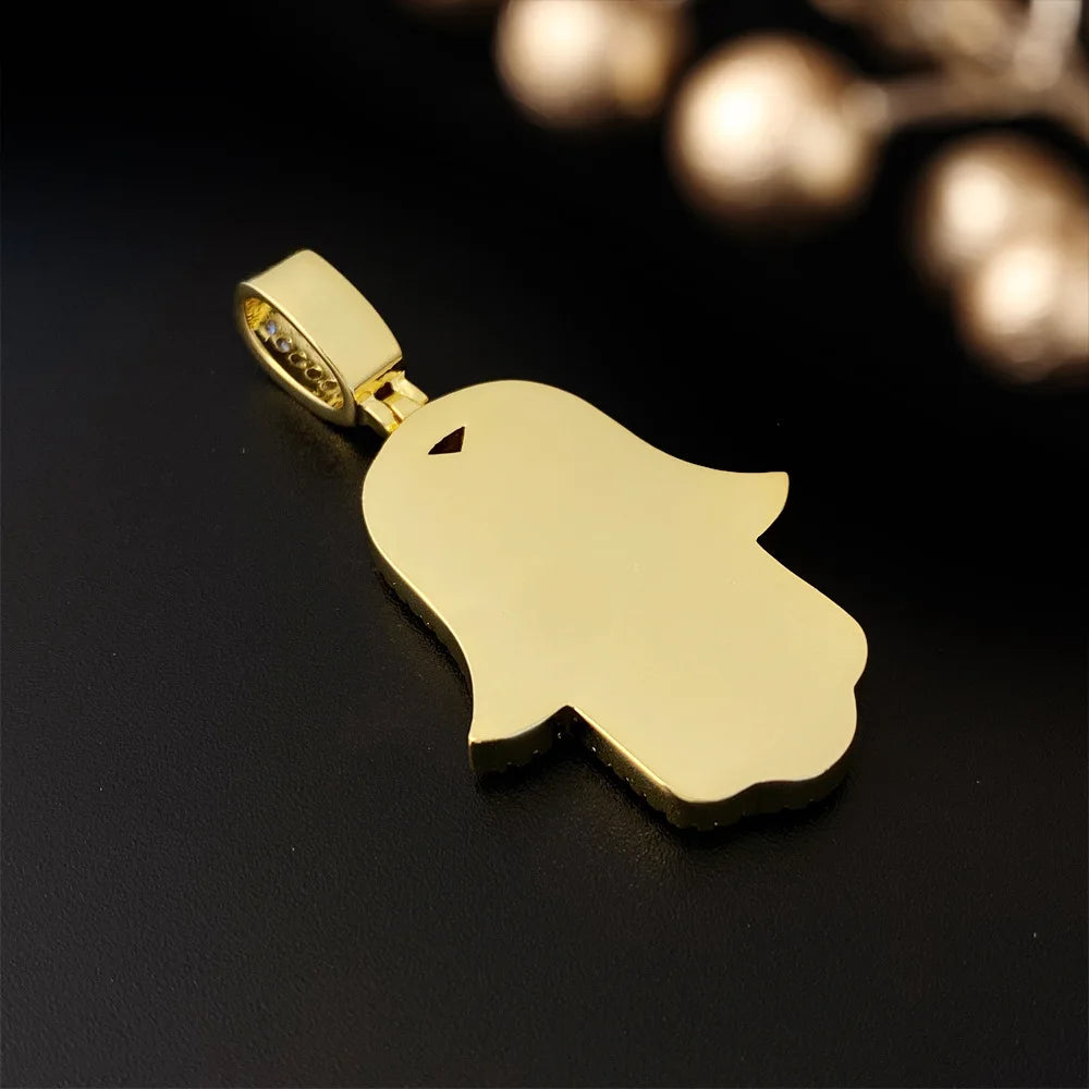 Iced Out Hamsa Fatima Pendant Necklace — Gold-Tone