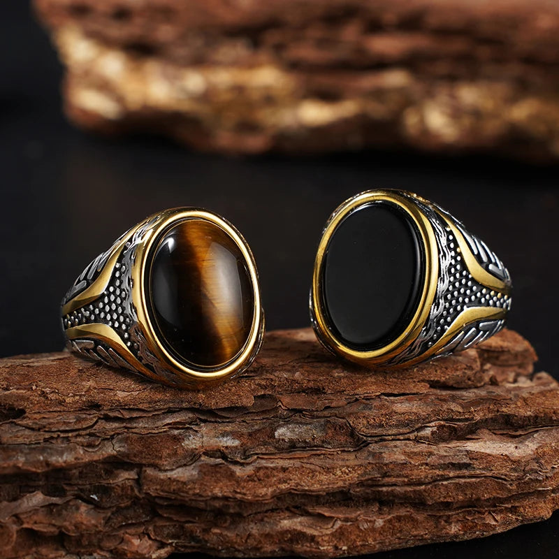 Natural Stone Series for Men Elliptical Ring with Real Tiger's Eye Stone 316L Stainless Steel Male Vintage Design Punk