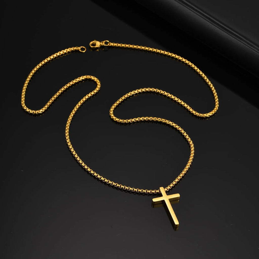 Vnox 60cm Box Chain Cross Pendant Necklaces for Men, Simple Plain Black Silver Gold Color Stainless Steel Thick Cross Collars