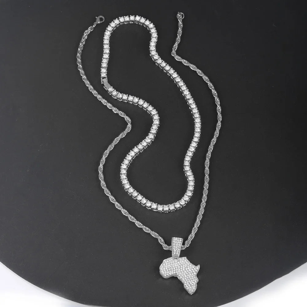 Hip-hop Men's Necklace Set Stylish Africa Map Pendant Necklace Iced Out Inlaid Diamonds Tennis/Rope Chain Punk Jewelry Gift Set
