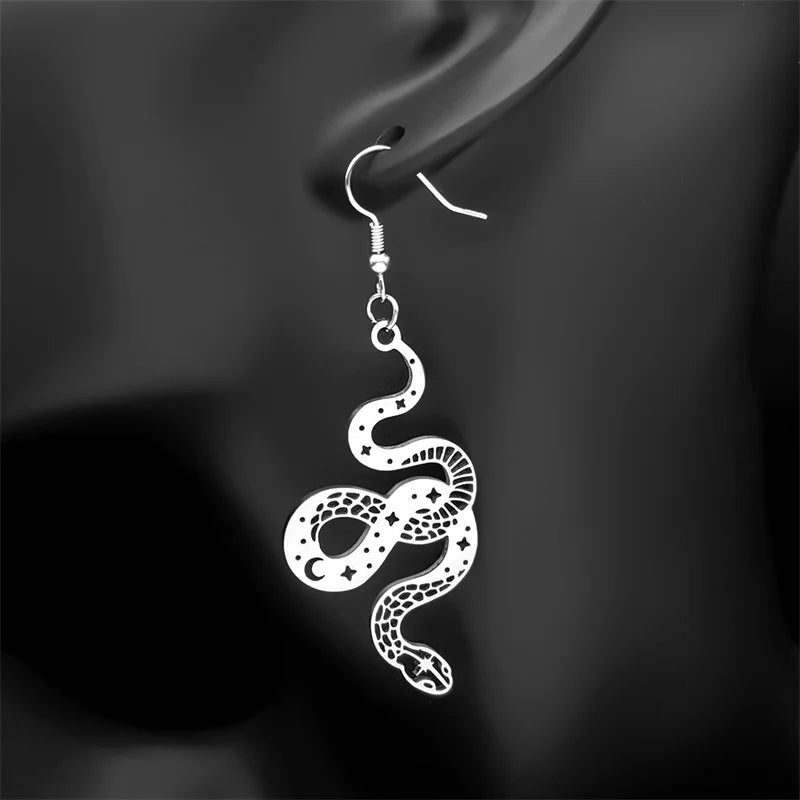 Star Snake Silver Earrings Witchcraft Hollow Moon