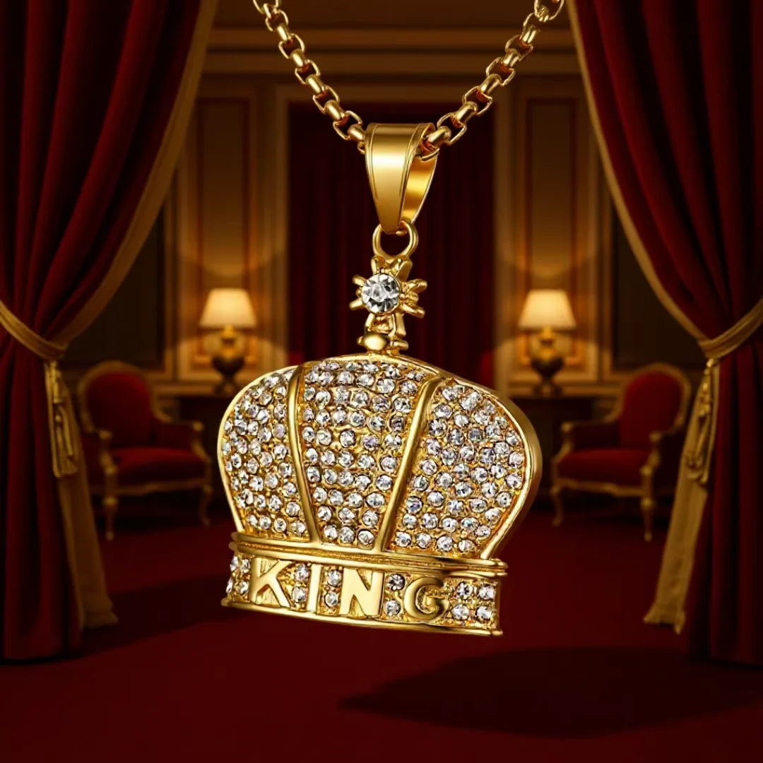 Iced Out King Crown Pendant Tennis Necklace — Stainless Steel