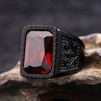 Fashion Stainless Steel Natural Red Stone Square Rings Punk Biker Black Leaf Shape Ring For Men Party Jewelry Gifts Wholesale