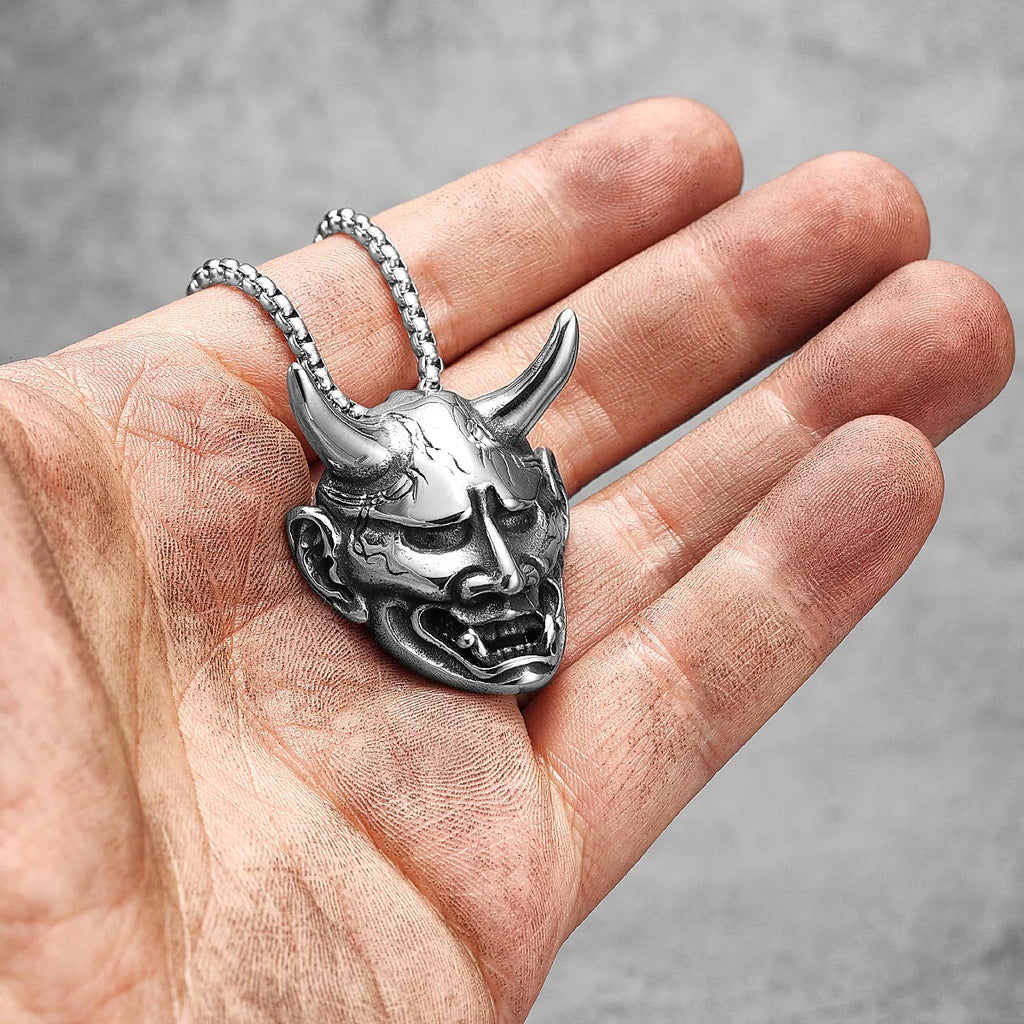 Japanese Prajna Mask Stainless Steel Men Women Necklaces Pendants Chain Punk Jewelry Creativity Gift Dropshipping Wholesale