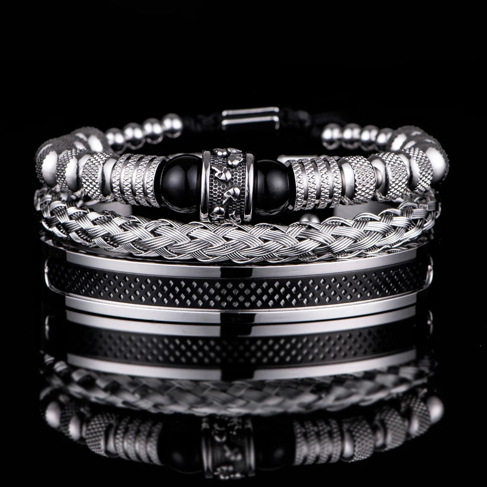 3pcs Set Men Bracelet Stainless Steel Rope Bangles Men Skull Bracelets with Tigereye Natural Stone Gift Accessories
