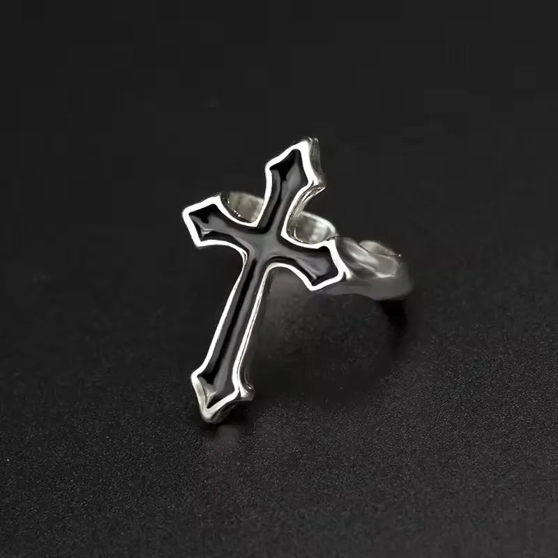 Gothic Vintage Big Cross Open Ring — Black-Tone