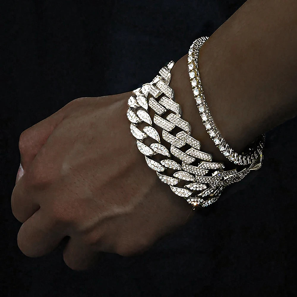 3pcs Men Women Stylish Bracelet Set Silver Cuban Chain+Tennis Chain+Sugar Chain Light Luxury Iced Out Hip-hop Punk Jewelry Gift