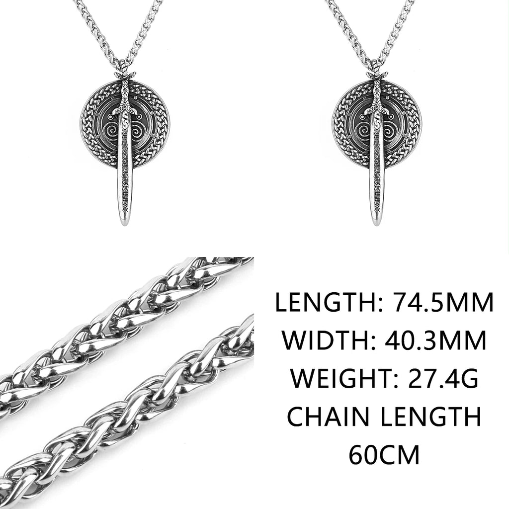 Viking Sword Shield Pendant Necklace — Steel