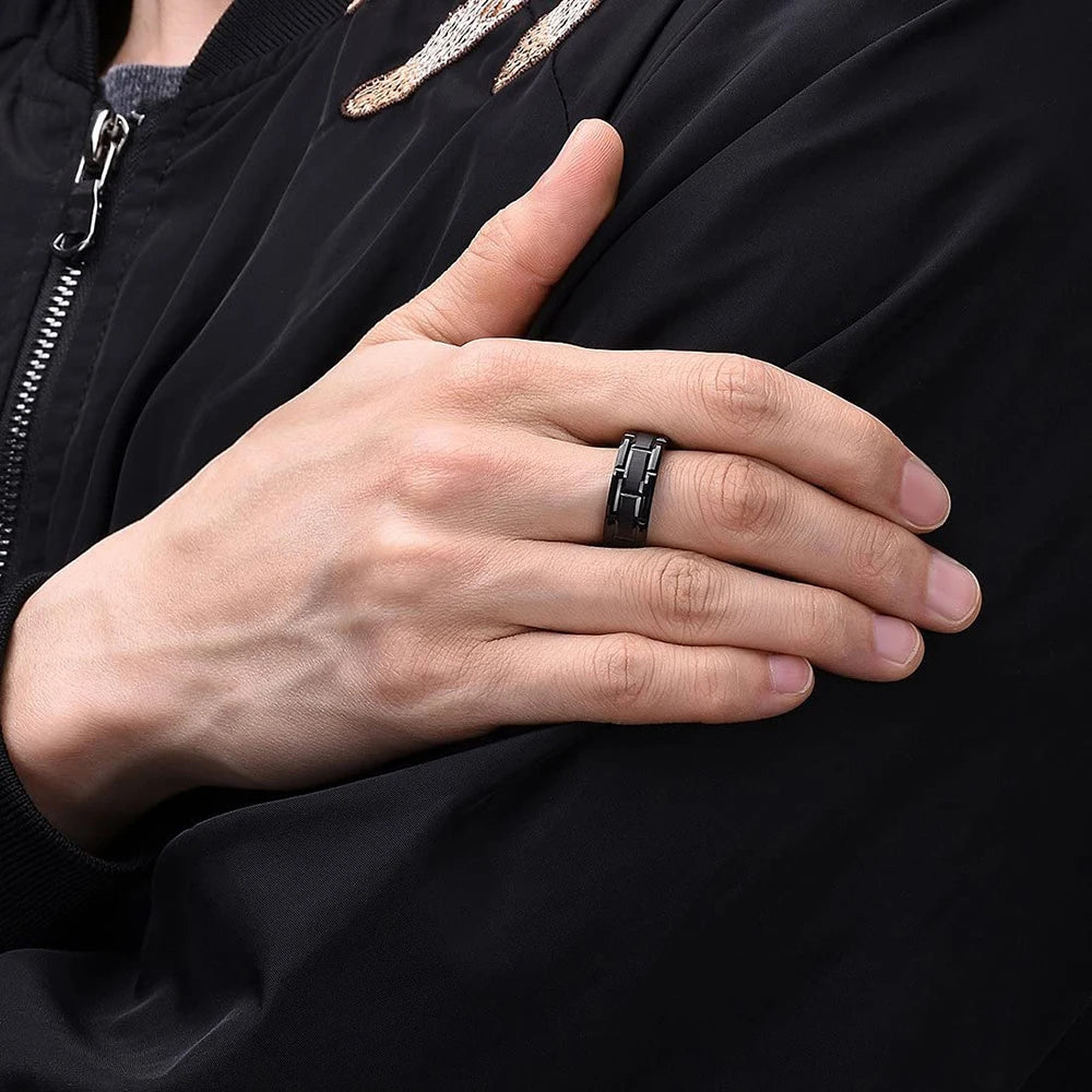 Fashion Men 8MM Stainless Steel Ring Black Color Brushed Double Groove Pattern Men's Wedding Ring Party Jewelry For Women Gift