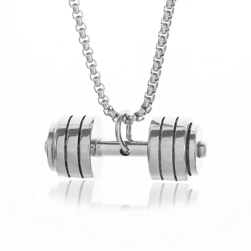Cool Titanium Steel Dumbbell Pendant Necklace Barbell Fitness Pendant Men and Women Leisure Sports Punk Jewelry