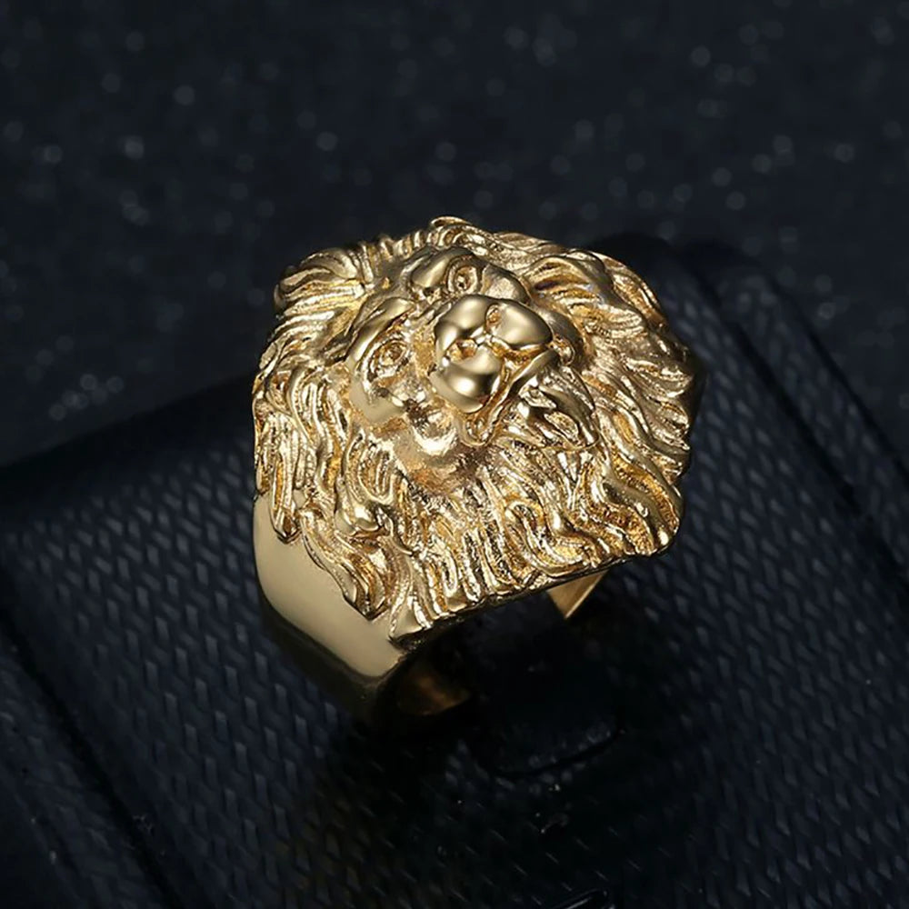 Hip Hop Gold Color Lion Head Ring Stainless Steel Big Large Animal Lion Finger Rings For Men Boys Punk Rapper Jewelry