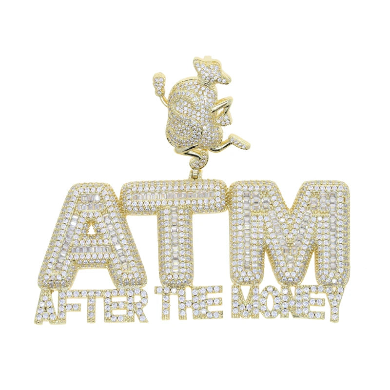 Iced Out Bling 5A CZ Letters ATM Addicted To Money Pendant Necklace 2 Colors Cubicz Zircon Men's HipHop 5mm Tennis Chain Jewelry