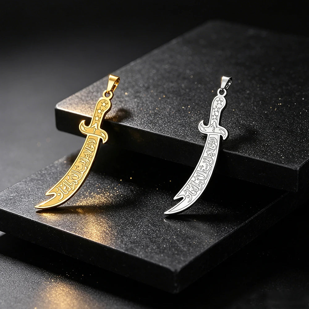EUEAVAN 1pc Islamic Imam Ali Zulfiqar Sword Stainless Steel Pendant for Necklace Muslim Arabic Calligraphy Jewelry Making Gifts